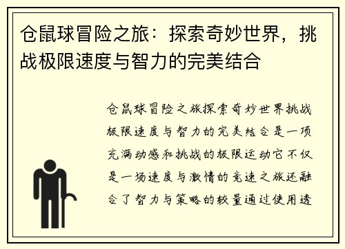 仓鼠球冒险之旅：探索奇妙世界，挑战极限速度与智力的完美结合