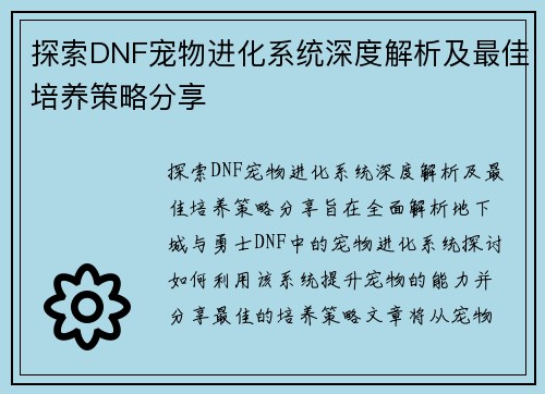 探索DNF宠物进化系统深度解析及最佳培养策略分享