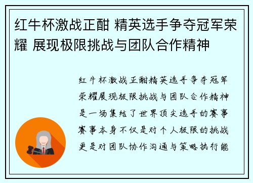 红牛杯激战正酣 精英选手争夺冠军荣耀 展现极限挑战与团队合作精神